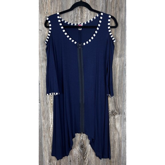 NWT Inside Out Tunic Blouse Blue Cold Shoulder Asymmetrical Hem Full Zip MEDIUM - Picture 1 of 15